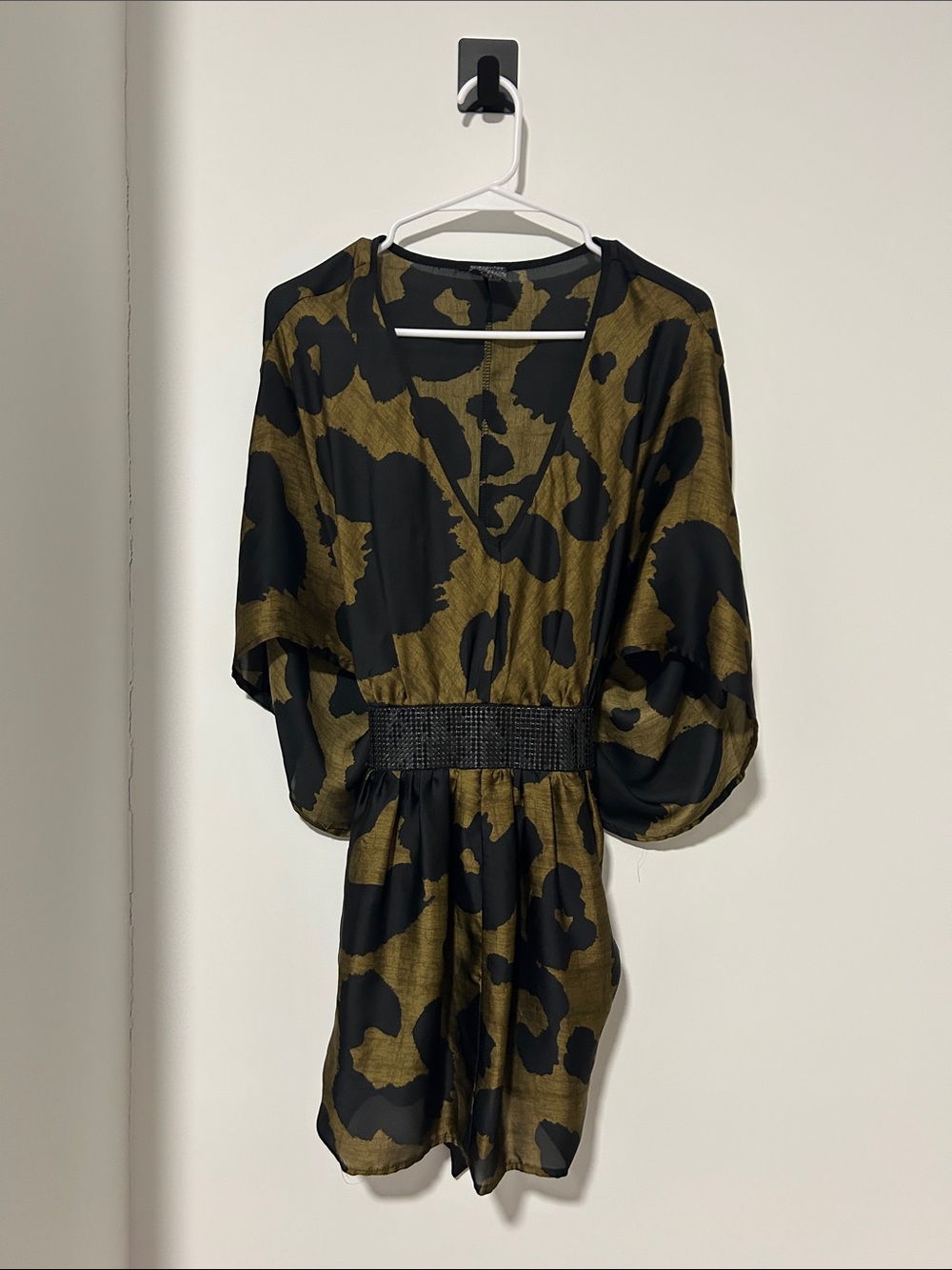 NOR Olive and Black Printed V-Neck Mini Dress
